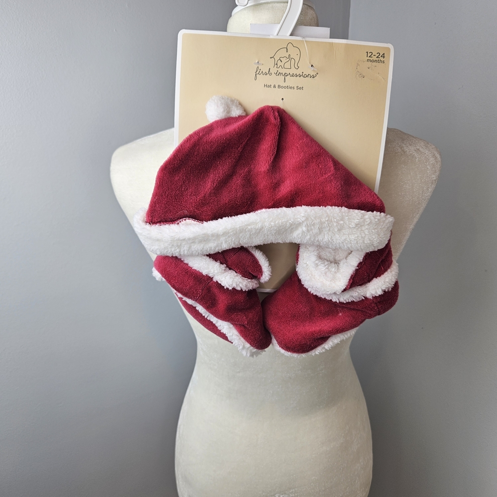 First Impressions Red and White Kids Hat & Booties Set
